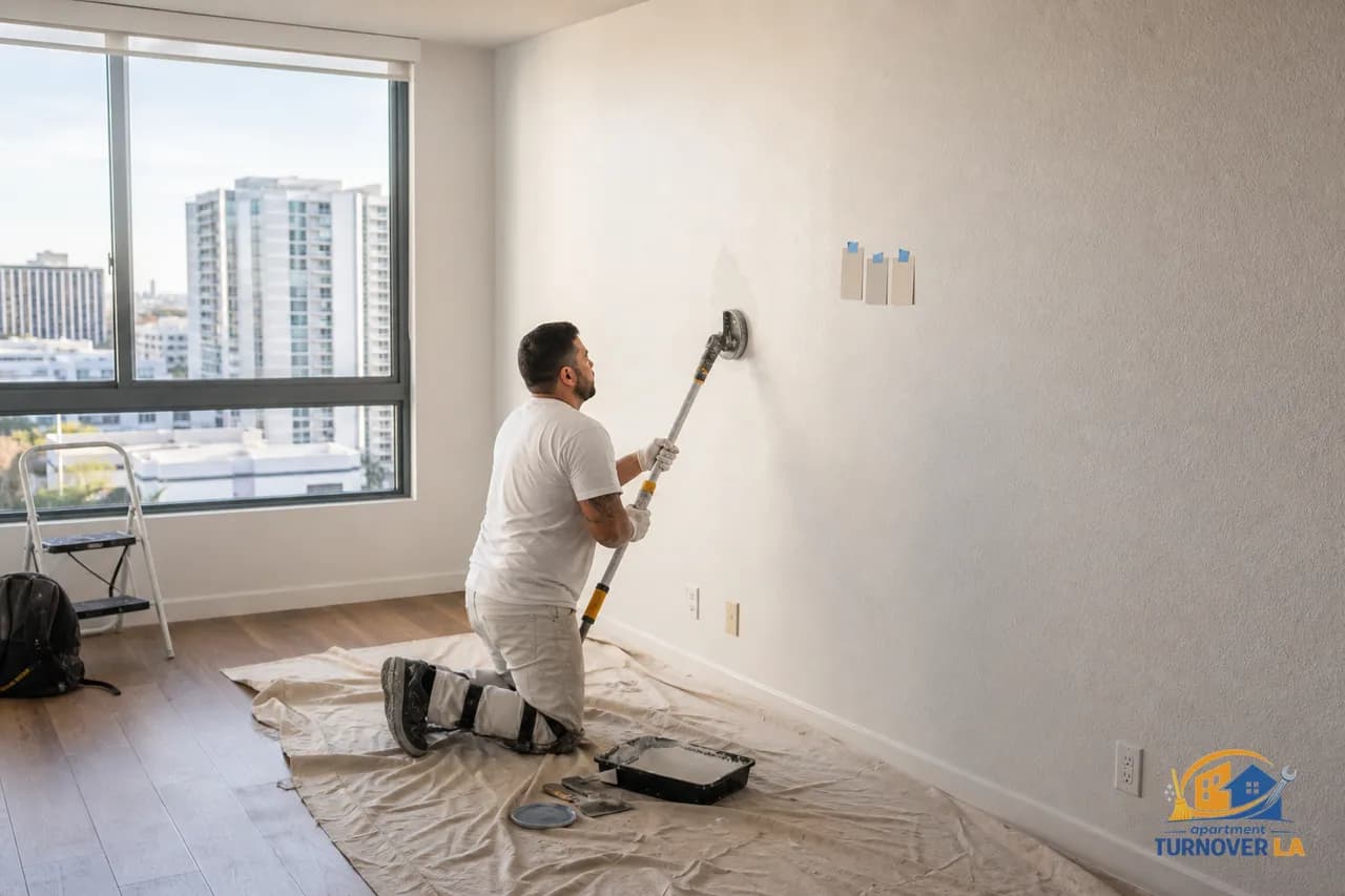 LA apartment drywall repair with orange-peel texture match in Koreatown during turnover, technician smoothing a small patch before touch-up paint