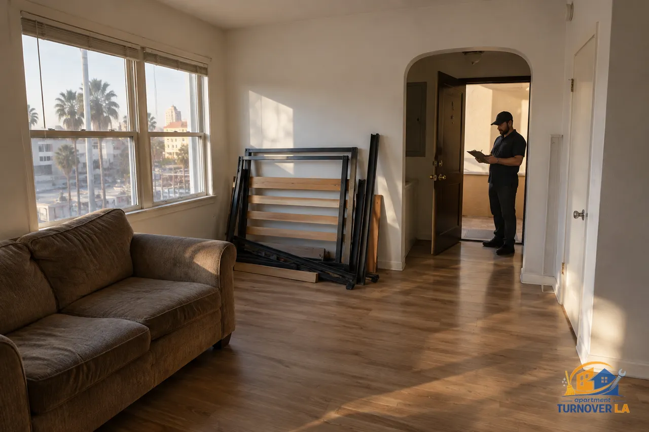 Vacant Hollywood apartment staged for 311 Los Angeles bulky item pickup before turnover cleaning