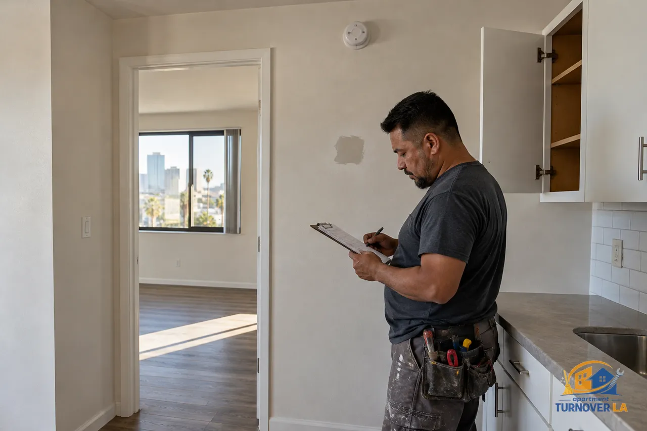 California handyman reviewing an apartment repair punch list in a Koreatown rental