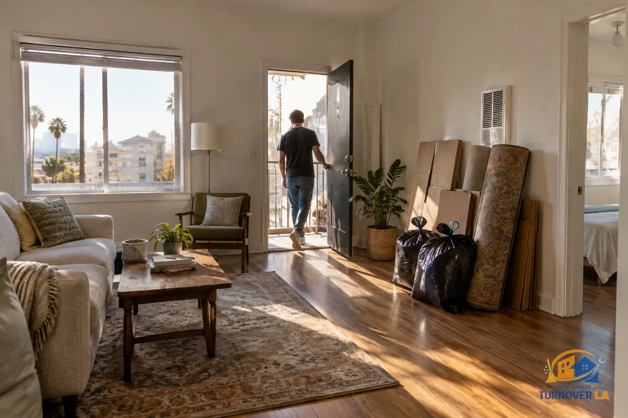 Los Angeles apartment cleanout staging area with bagged junk ready for removal