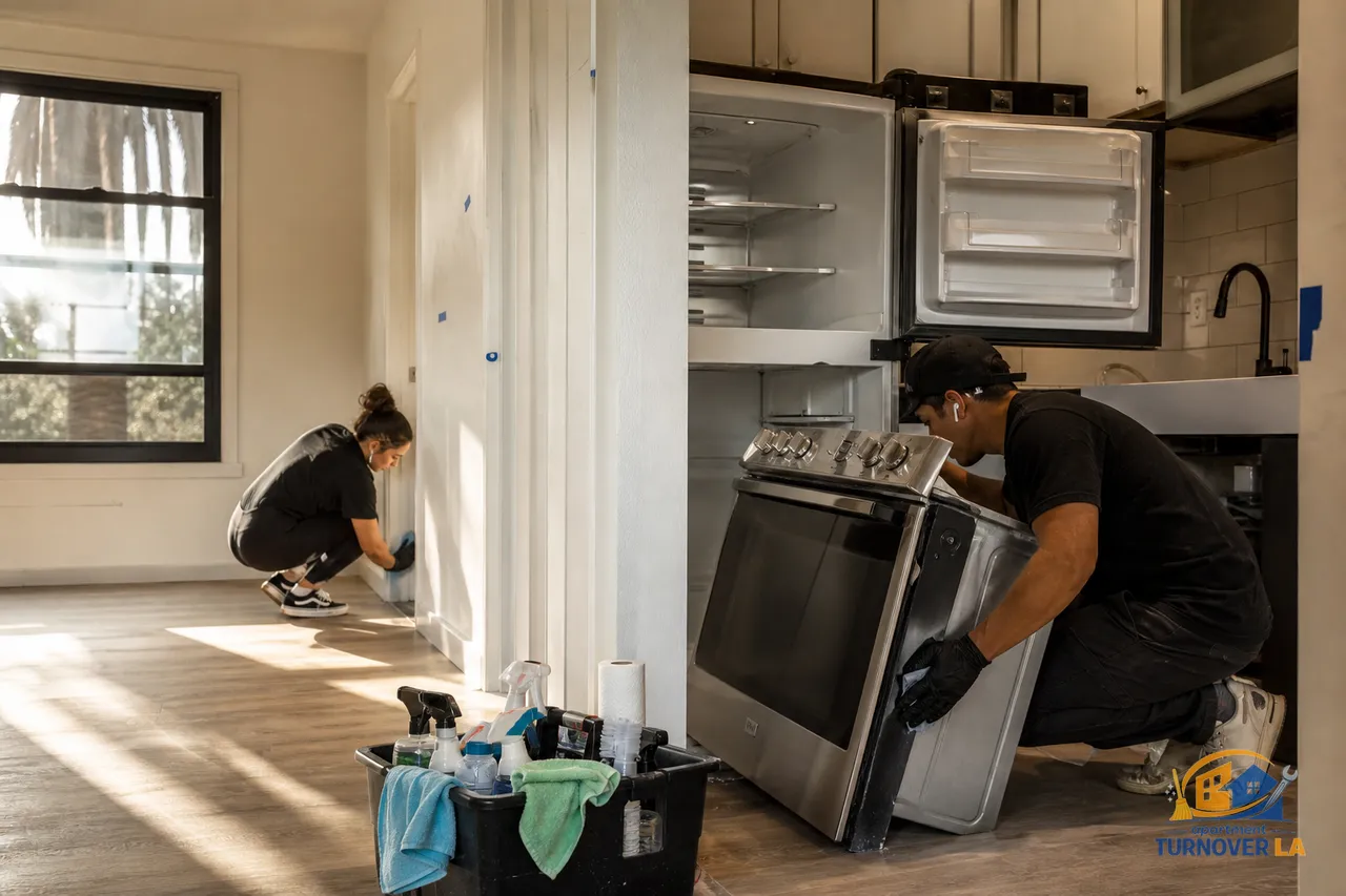 LA apartment turnover deep cleaning with oven pulled out, baseboards wiped, and fridge shelves removed in a sunlit one-bedroom
