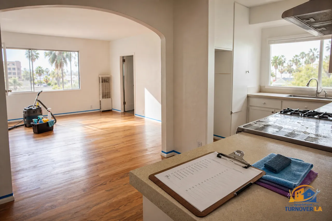 West Hollywood apartment turnover with checklist and cleaning tools, baseboards prepped for paint touch-up, move-out cleaning in progress