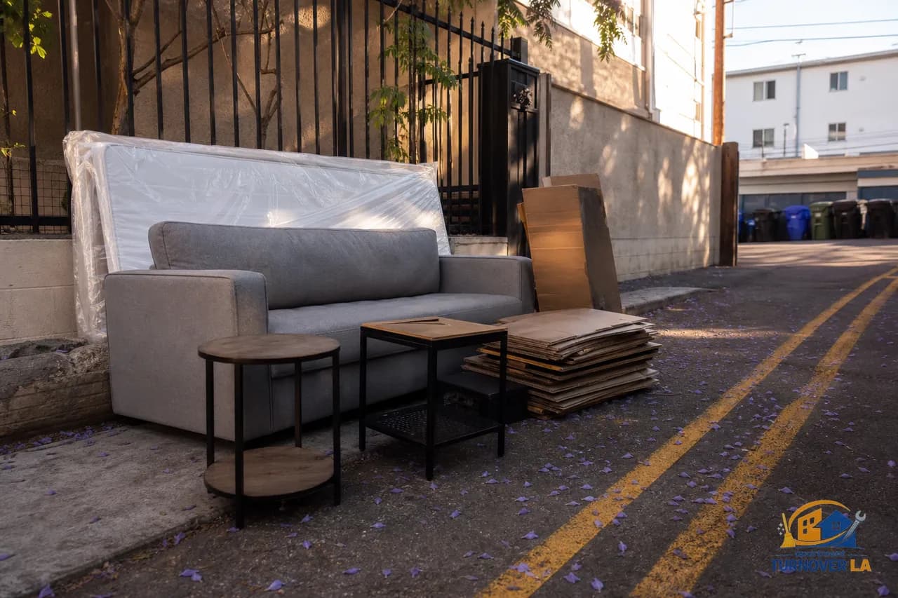 Bulky items staged curbside at a Koreatown courtyard building for junk removal Los Angeles, including wrapped mattress and sofa by alley gate