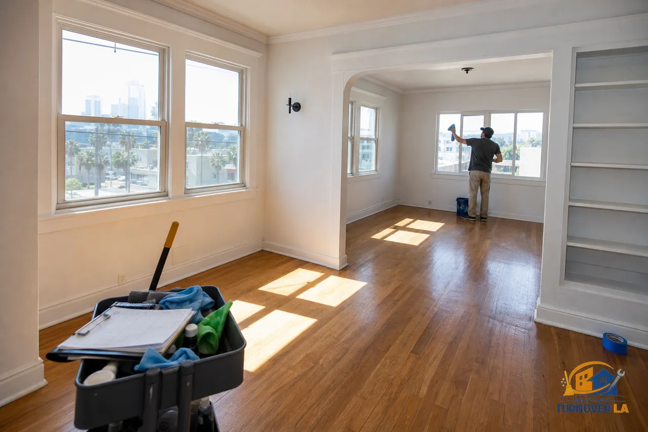 Empty Koreatown apartment living room mid turnover, floors detailed, cleaning cart staged, showing a real LA deep clean setup