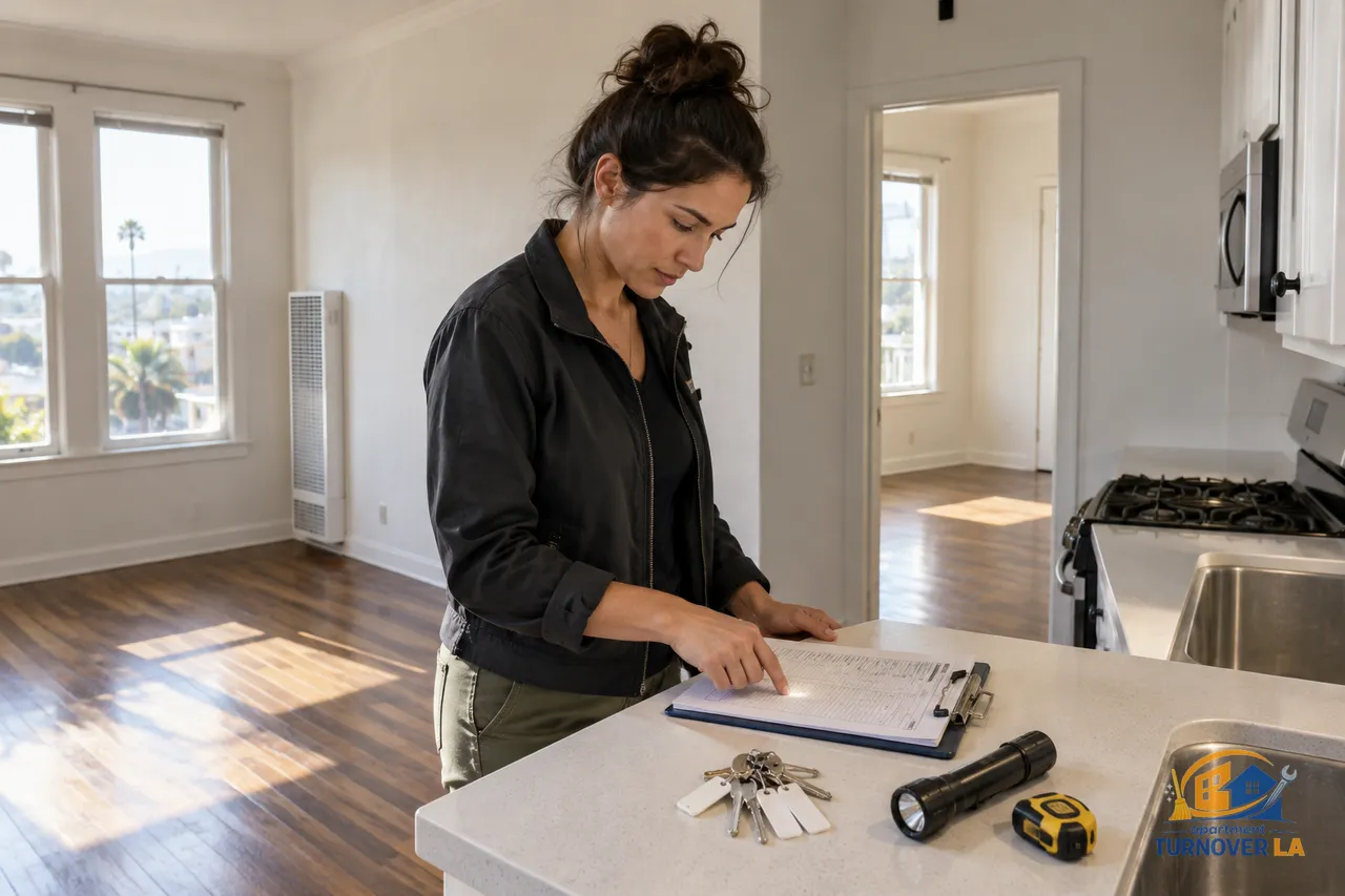 Apartment make ready checklist on a clipboard in a vacant Los Angeles rental kitchen