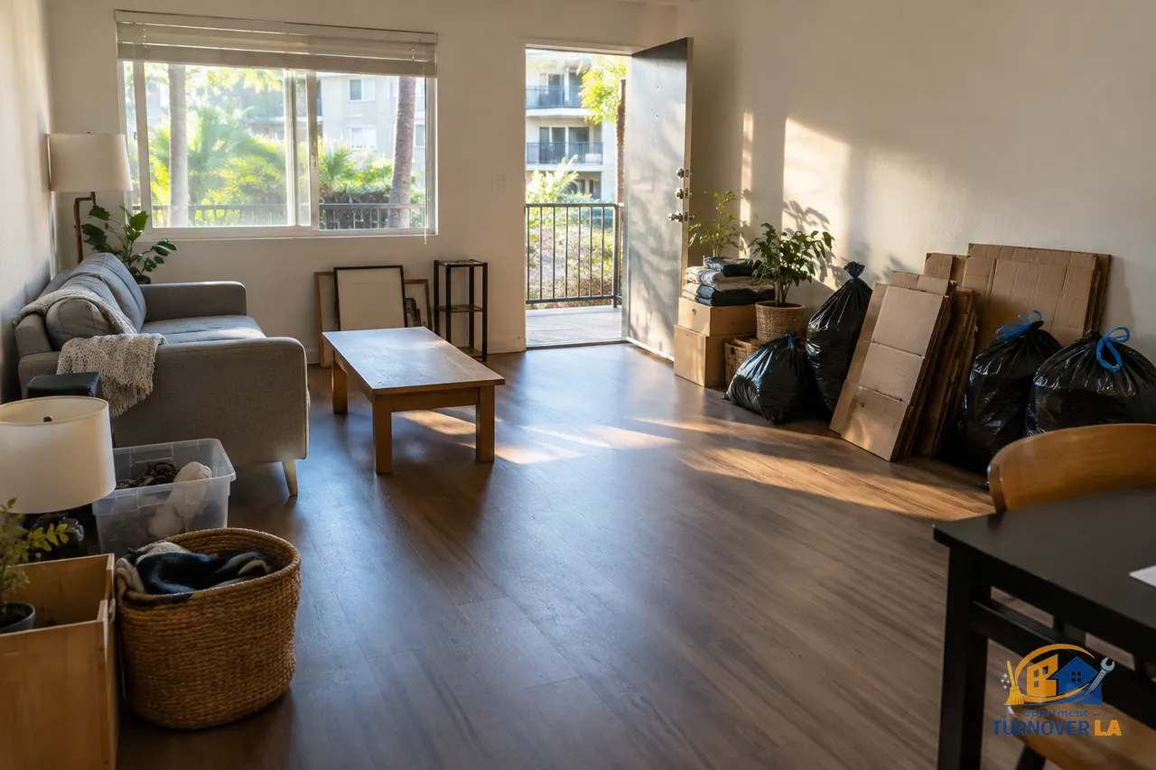 Sorted junk removal piles inside a vacant Los Angeles apartment before a cleanout