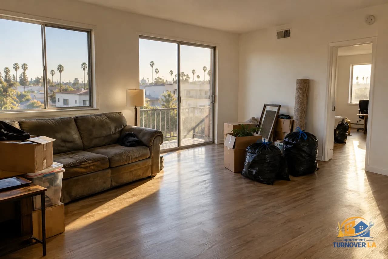 Los Angeles apartment junk removal staging in a vacant living room before turnover cleaning