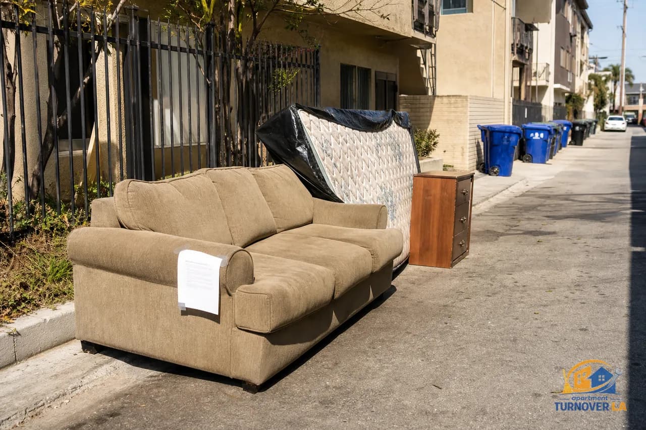 Koreatown alley with couch, bagged mattress, and dresser set out for LA bulky item pickup near city bins