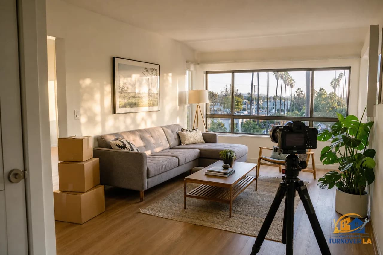 LA apartment living room at golden hour with camera on tripod, rent-ready space set for real estate photography