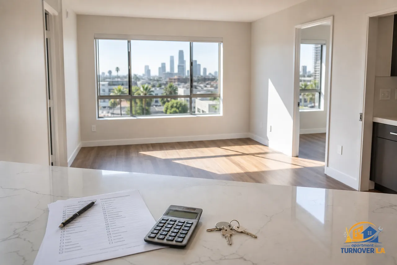 Clean LA apartment during turnover with checklist and calculator on counter, showing tenant turnover planning