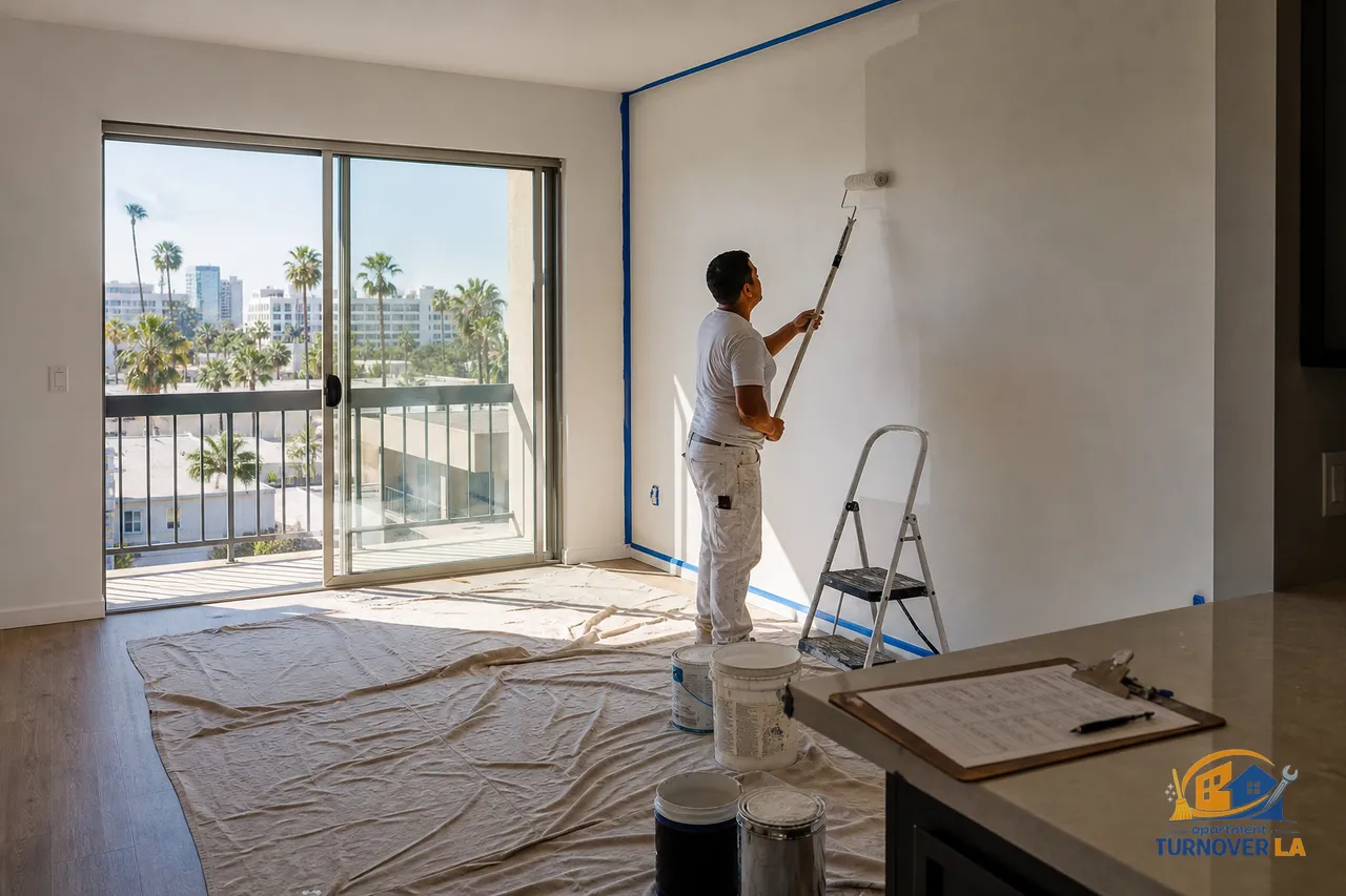 Painter rolling eggshell on living room walls in a Koreatown apartment, with prep plastic and blue tape visible for apartment painting cost context
