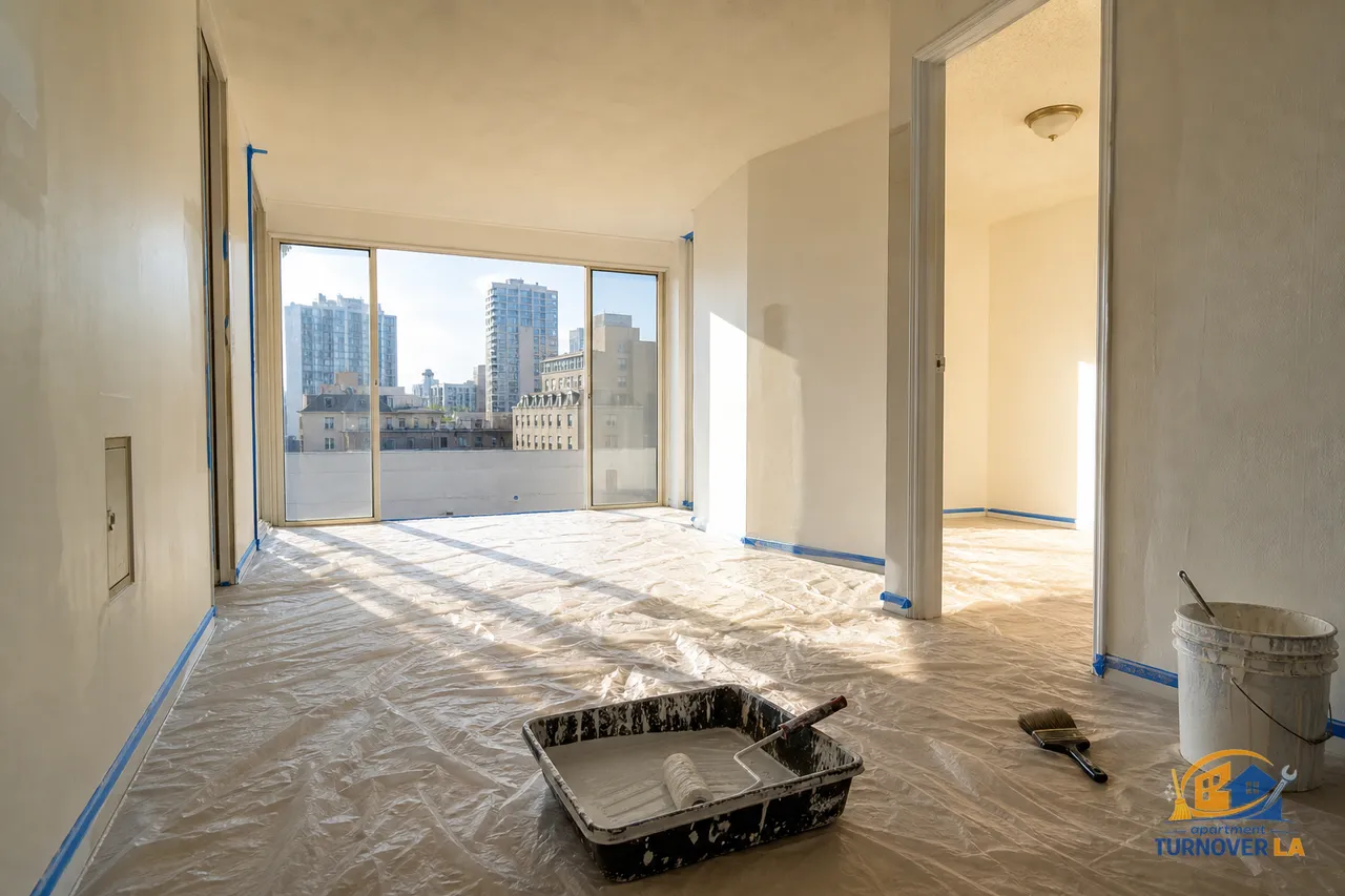 Los Angeles apartment living room prepped for interior painting with taped trim and rollers, showing a Koreatown street outside