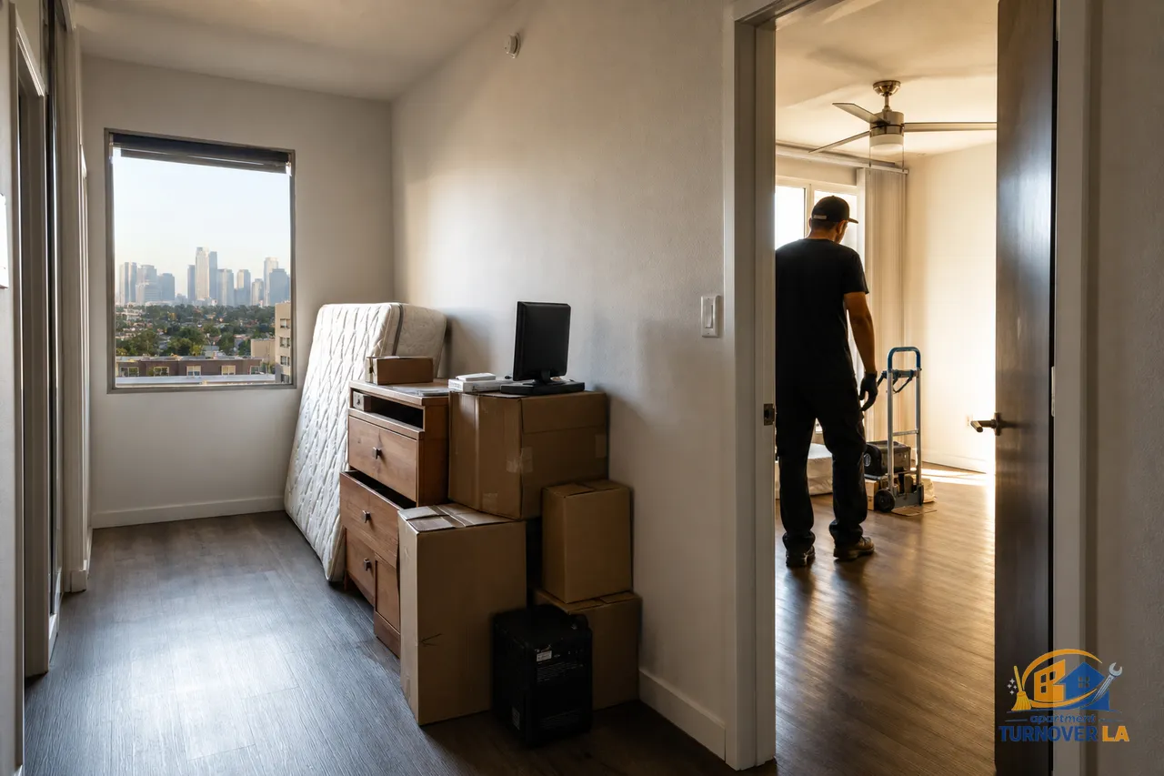 Neatly staged apartment junk haul in a Los Angeles hallway with mattress, dresser, and boxes ready for removal