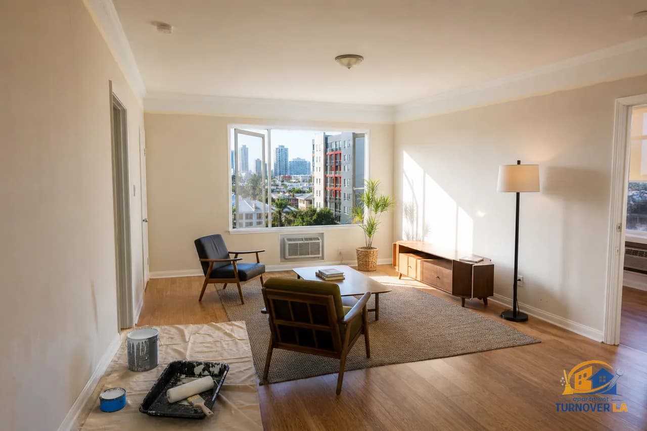 Los Angeles apartment living room during interior repaint, with trim cut in and supplies staged, showing clean lines and bright natural light