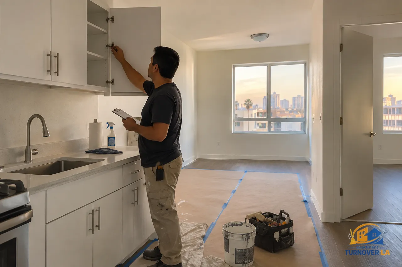 Make ready technician inspecting a vacant Los Angeles apartment kitchen during turnover