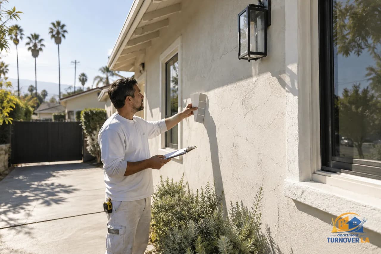 Painter assessing stucco walls at a Los Angeles home for exterior painting cost