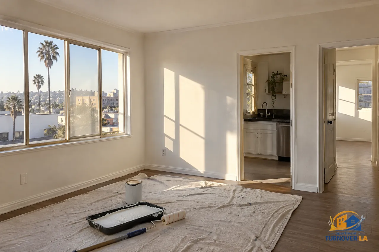 Freshly painted Hollywood apartment living room for an interior painters Los Angeles turnover