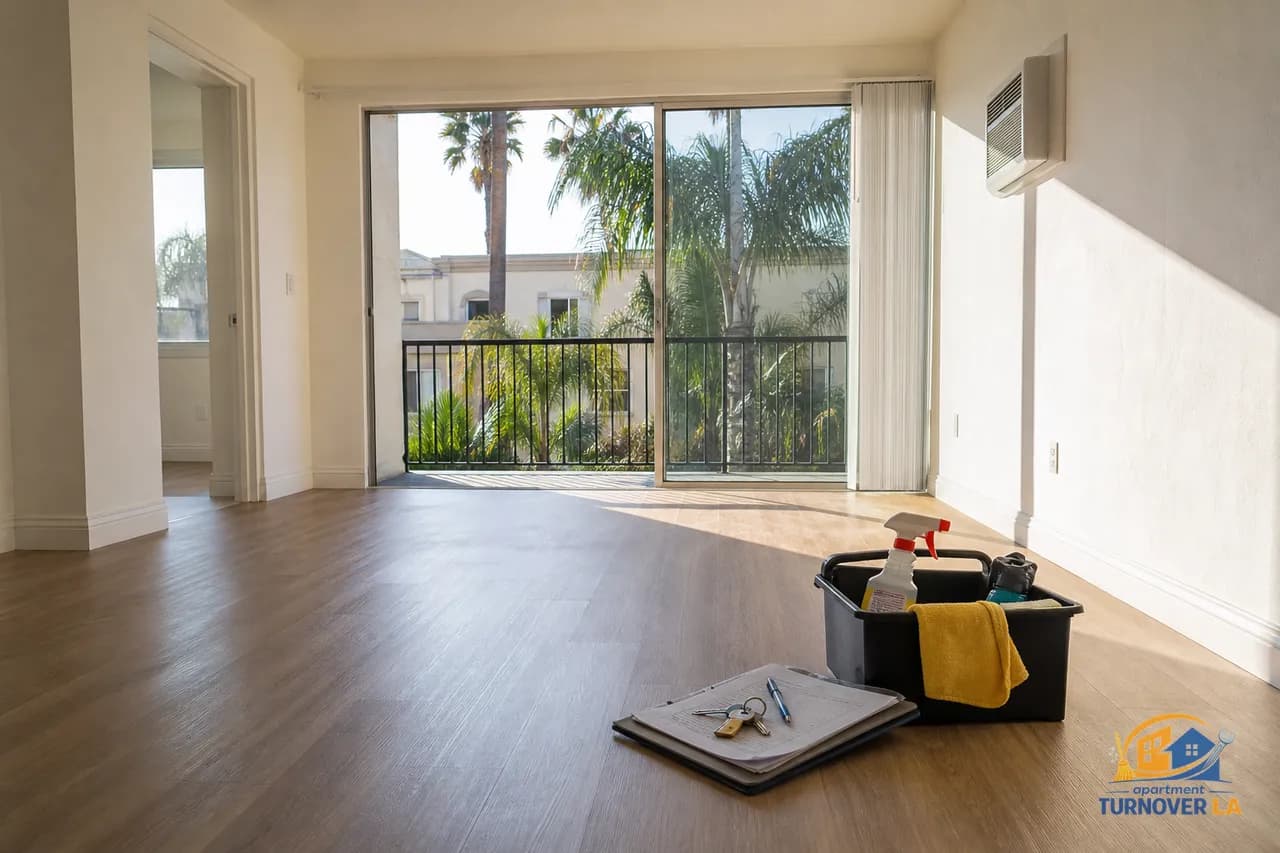 Freshly cleaned unfurnished LA apartment living room with cleaning caddy, keys, and checklist, showing move-out cleaning results