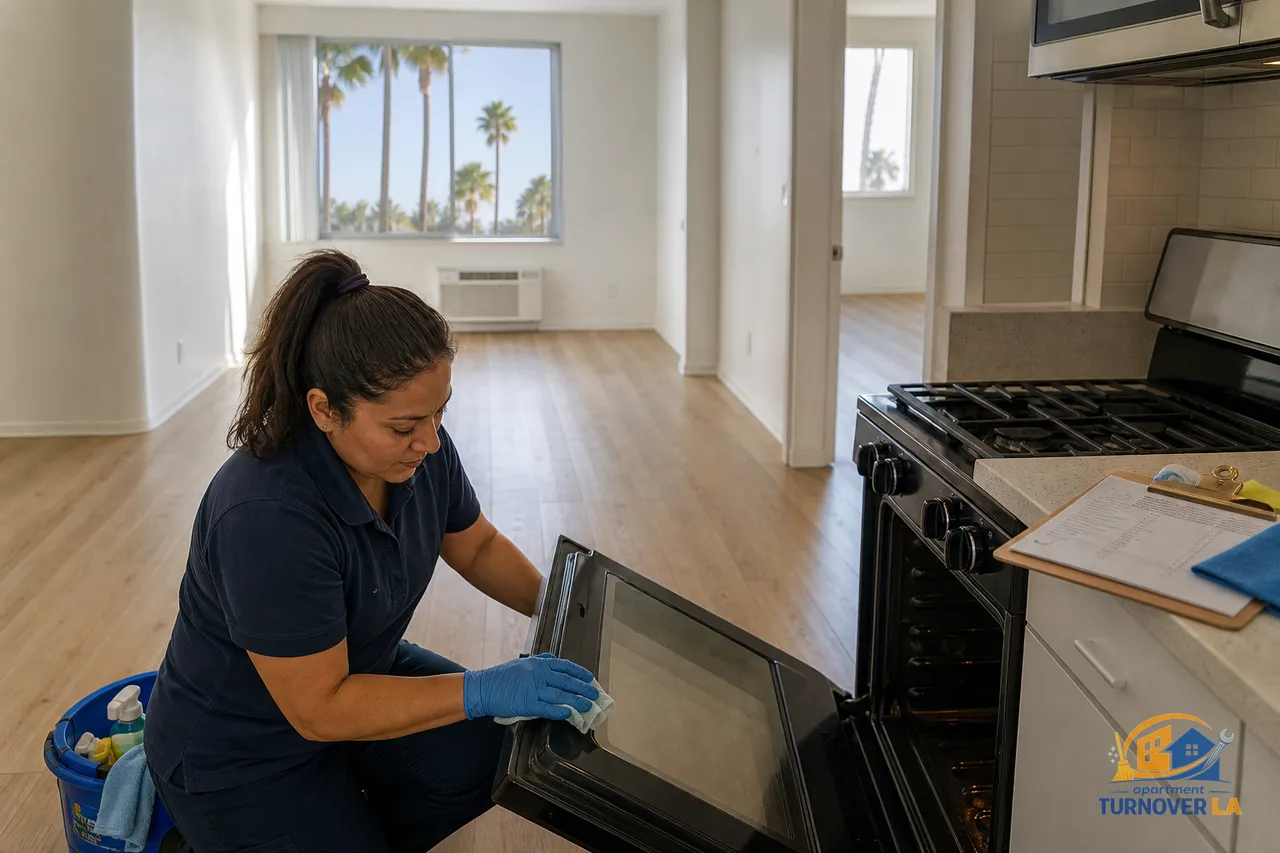 Empty LA apartment during move-out clean with oven interior being wiped and a visible checklist on the counter