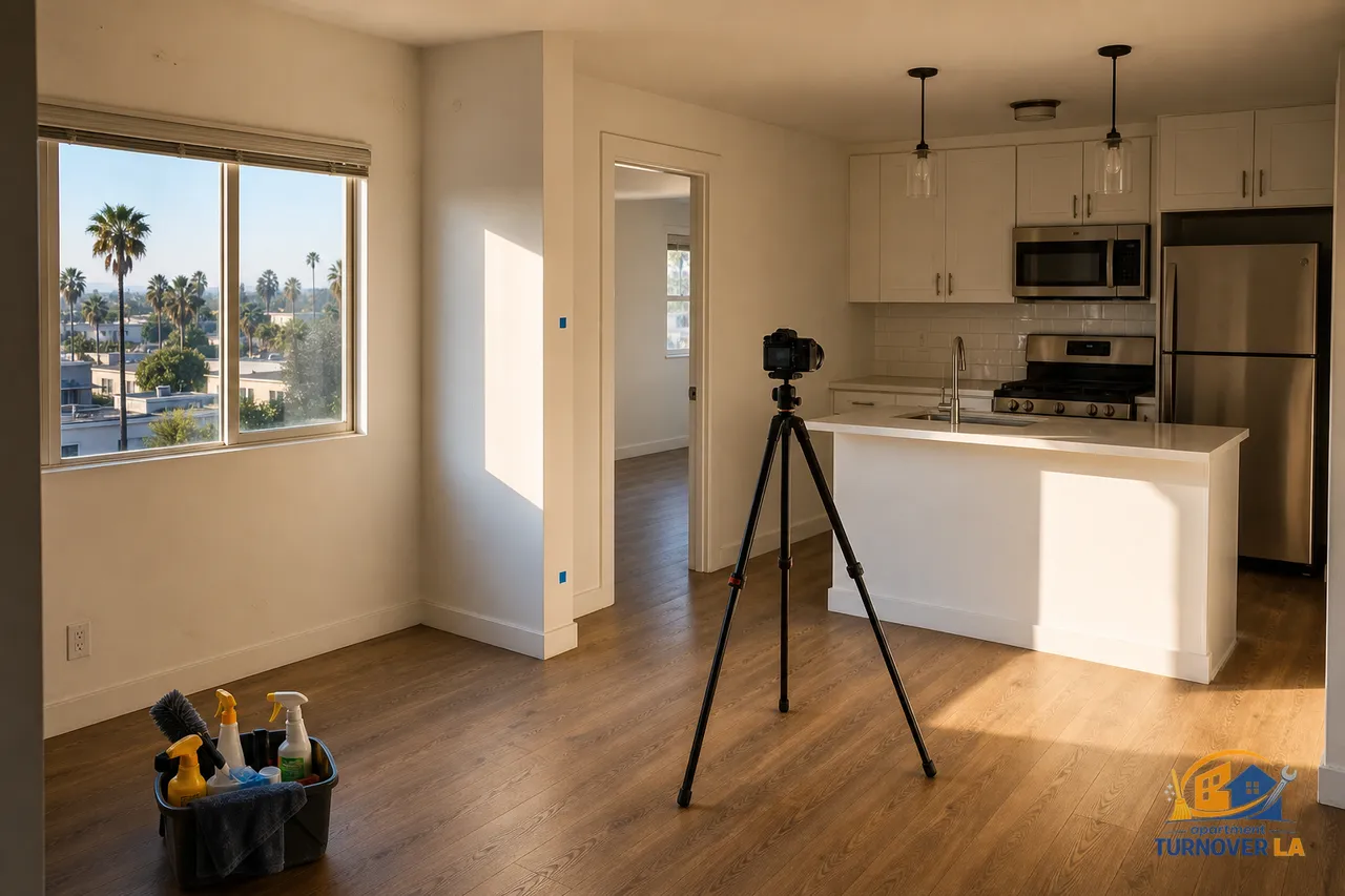 Vacant LA one-bedroom after turnover cleaning with cleaning kit and camera on tripod, ready for photo report and relisting