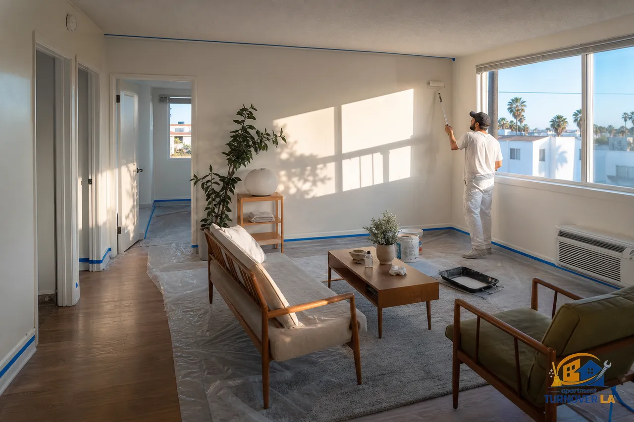 Los Angeles two bedroom living room mid-paint with taped trim and roller tray, prepared for interior apartment painting