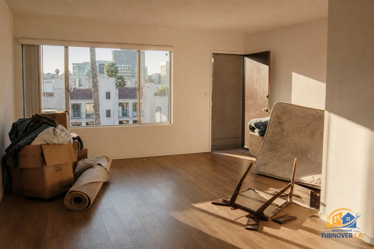 Vacant LA apartment during junk removal with boxed items and an old mattress staged for haul, showing realistic Los Angeles turnover context