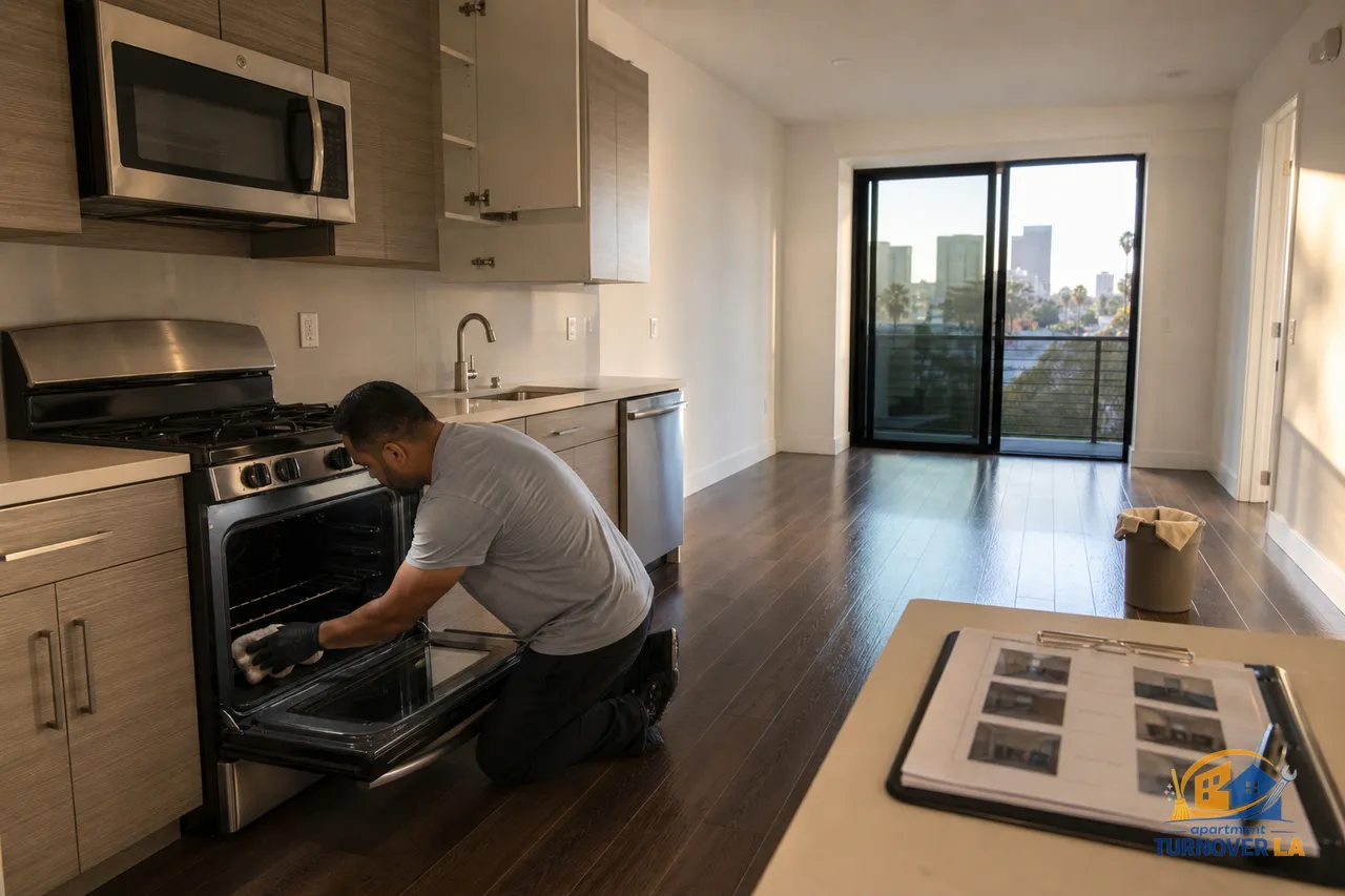 Empty LA apartment during move-out cleaning with oven interior, cabinet interiors, baseboards, and floors being detailed