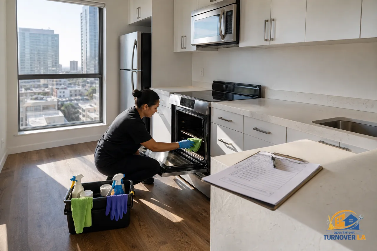 Empty LA apartment kitchen during move out cleaning, open oven being wiped and a checklist on the counter, deep cleaning focus
