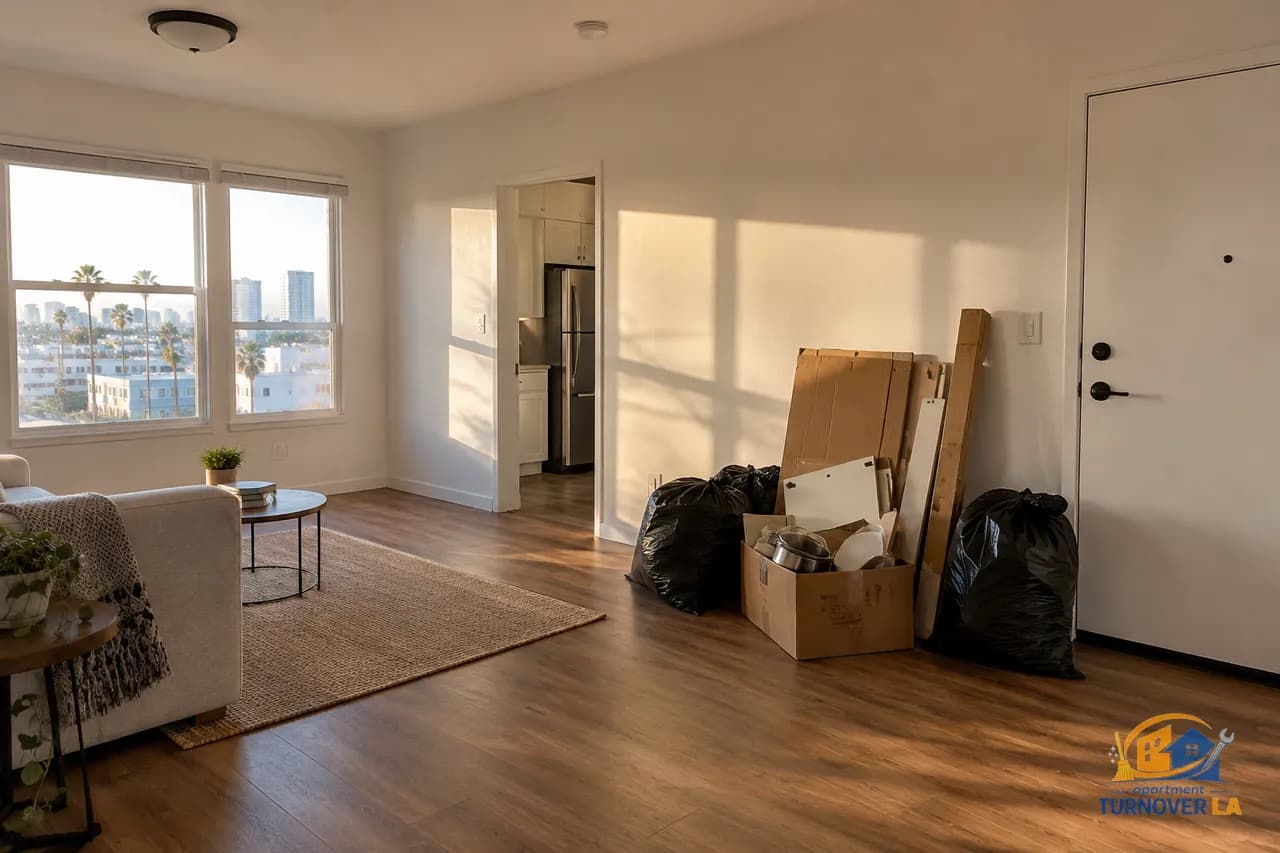 Apartment junk removal pile staged for a Los Angeles turnover near the entry door