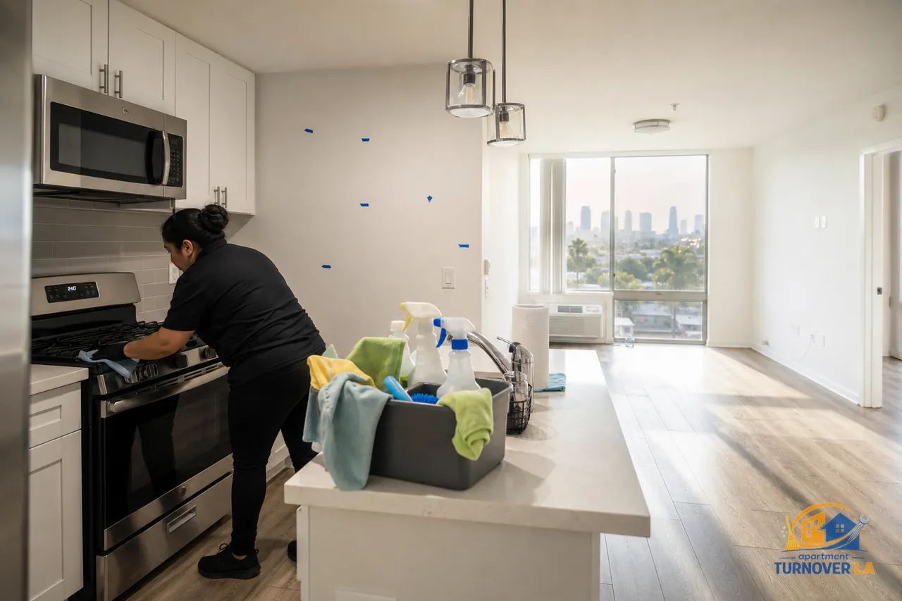 Koreatown LA apartment during a move-out deep clean with floor detailing, kitchen degreasing, and paint touch-up marks visible