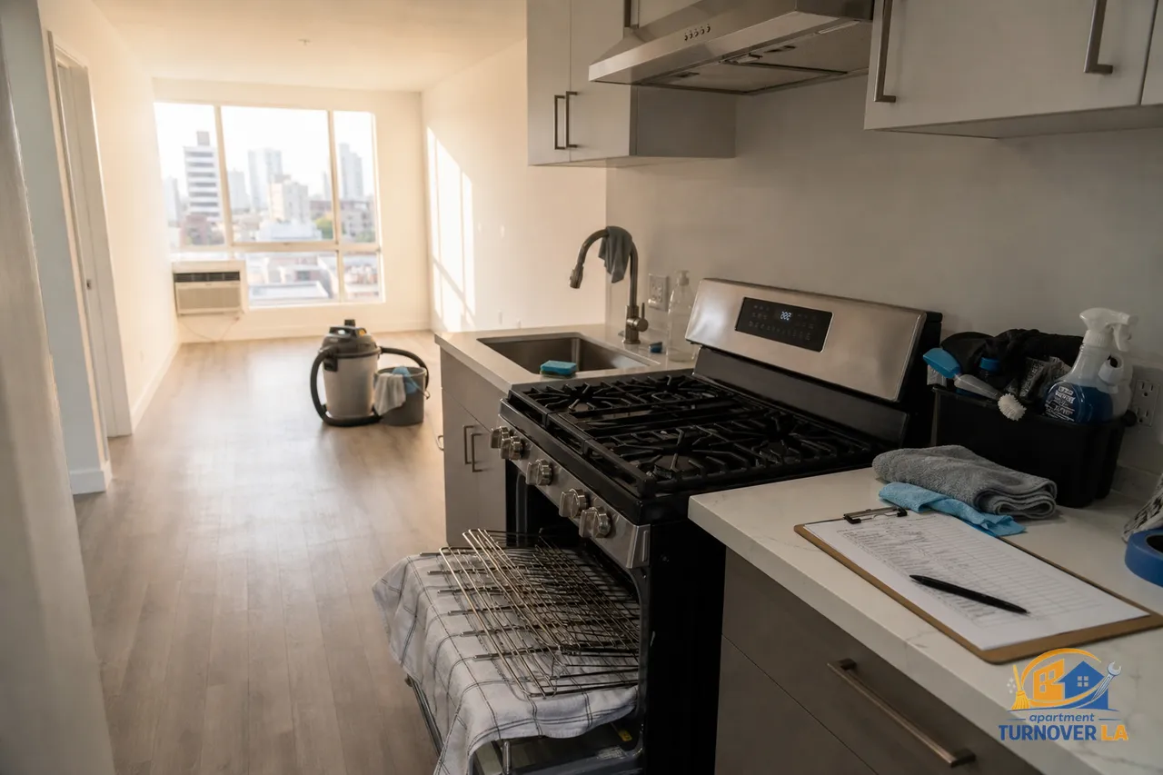 LA apartment kitchen during turnover cleaning with oven pulled out, checklist on counter, vents and baseboards being detailed, Koreatown light.