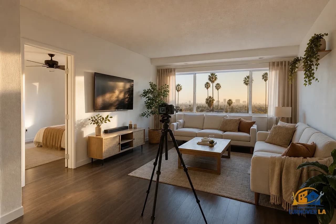 Los Angeles apartment living room with tripod set for rental listing photography and West Hollywood palms outside the window