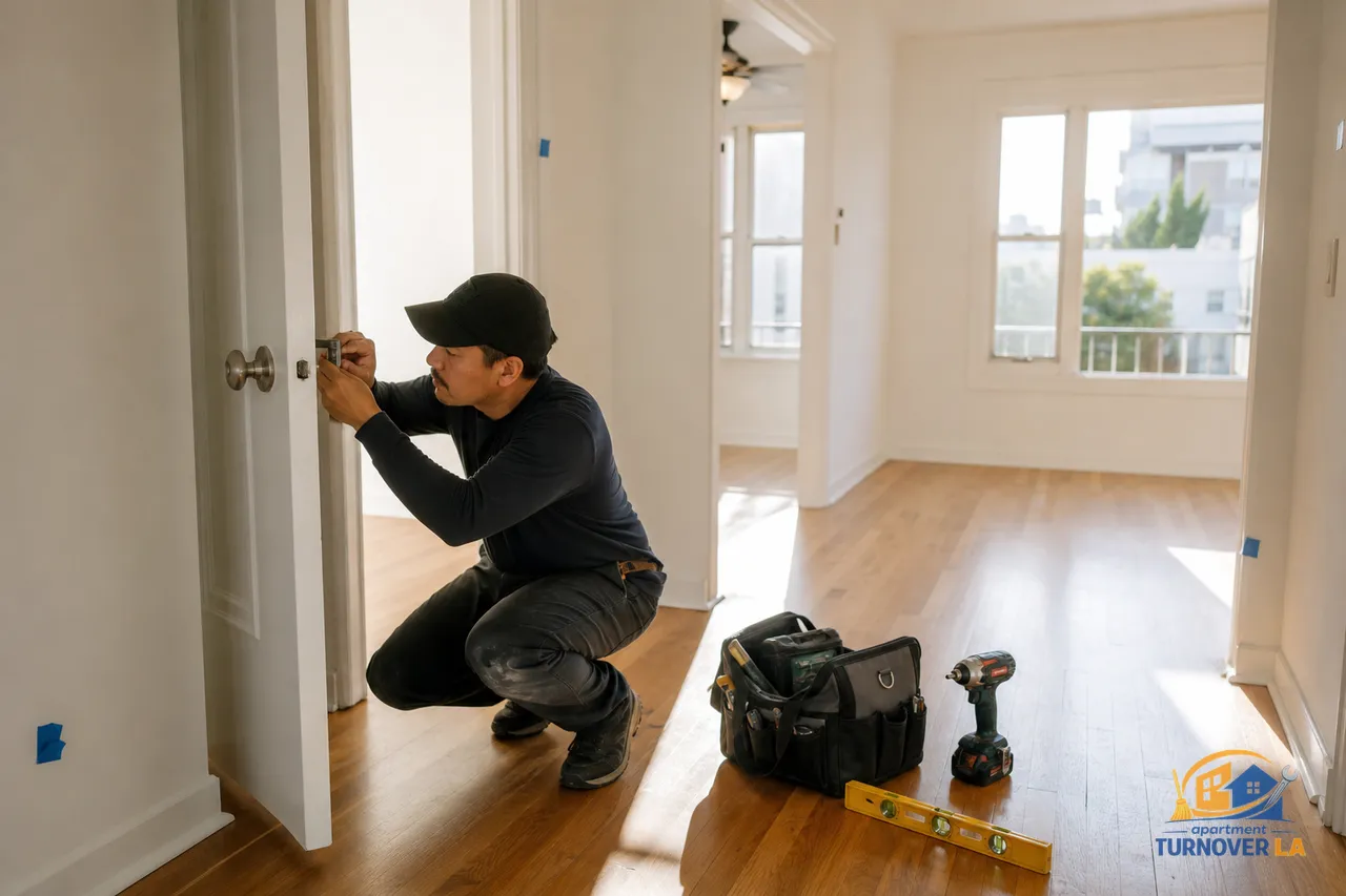 Handyman adjusting an interior door in a Koreatown LA apartment during a unit turn with tools, blue tape marks, and clean staging