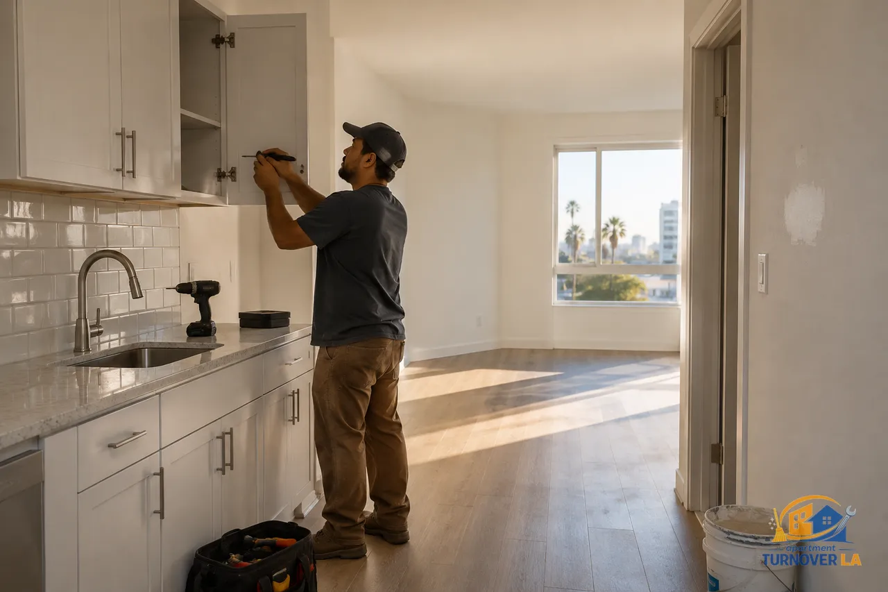 Los Angeles handyman checking cabinet hardware during a vacant apartment turnover