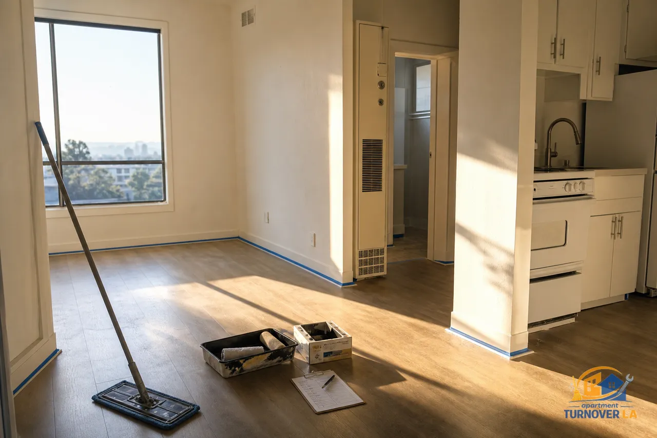 Freshly vacated LA one-bedroom with taped baseboards, cleaning and paint tools, and a printed tenant turnover checklist on a clipboard