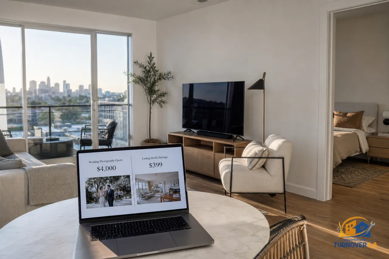 Los Angeles landlord comparing a $4000 wedding photographer quote to a $399 rental listing media package on a laptop in a sunlit apartment