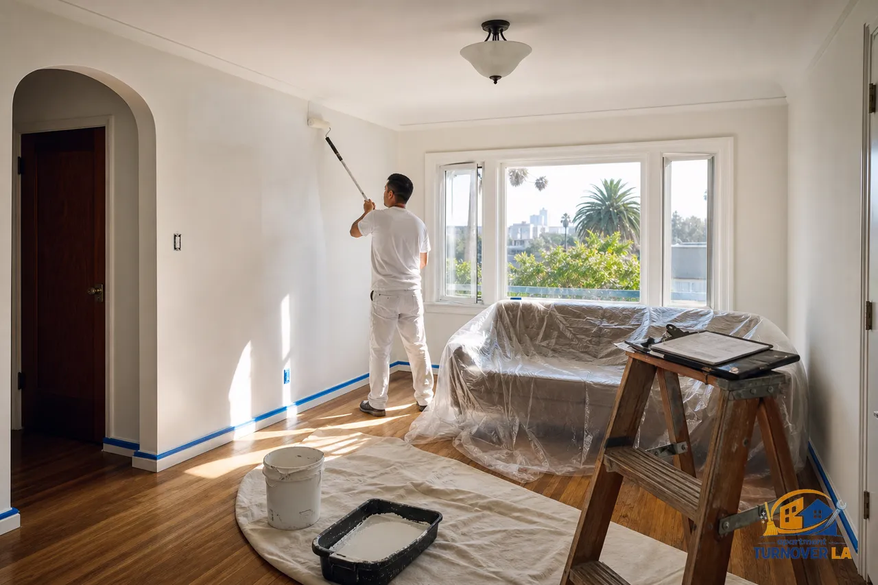Los Angeles living room in a 2,000 sq ft home mid repaint with taped trim, covered furniture, and natural light