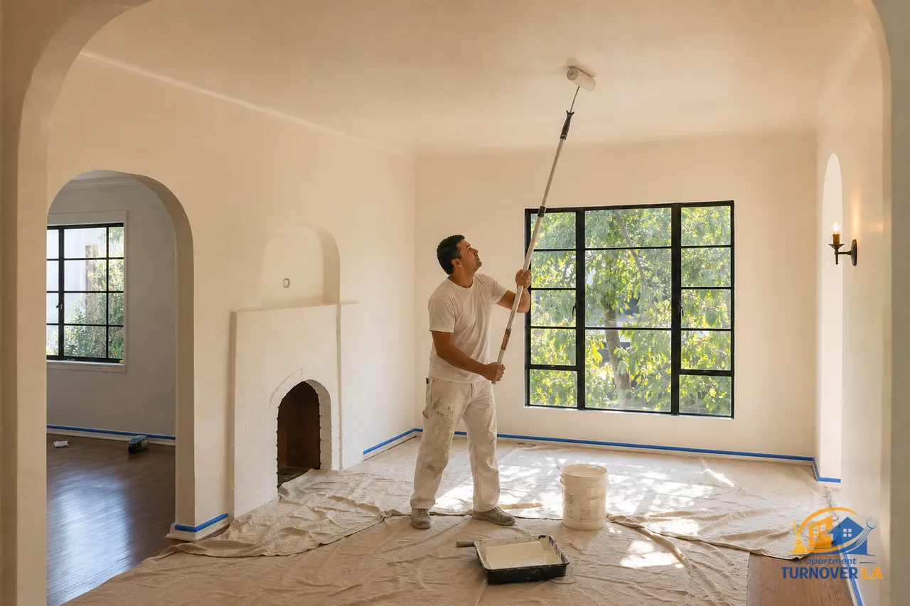 Los Angeles living room mid-paint with clean cut lines, drop cloths, and neutral interior painting in a 1930s Spanish-style home