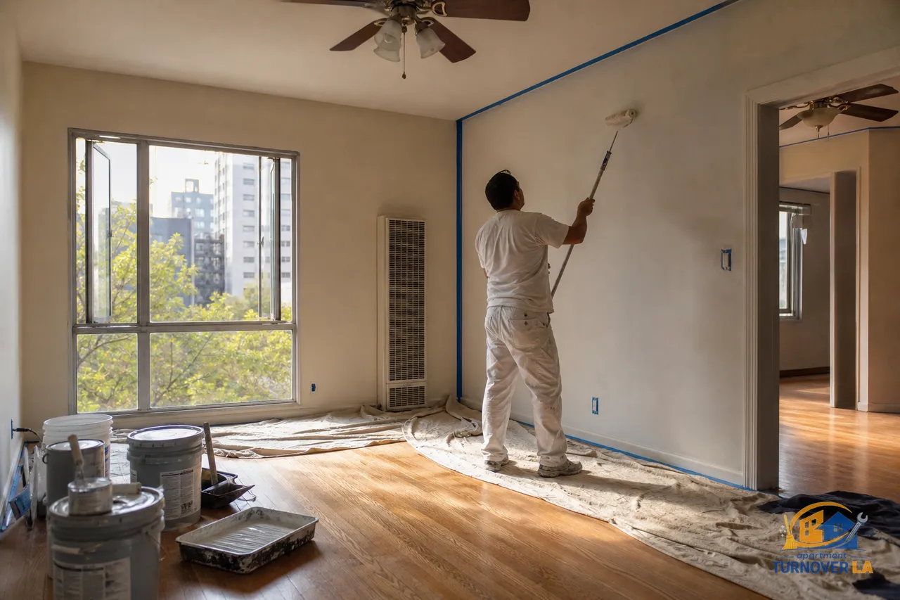 Painter rolling an eggshell wall in a Koreatown LA apartment with taped trim, drop cloths, and natural light during an affordable repaint