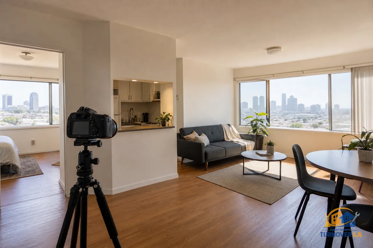 Wide-angle rental listing photography setup in a clean Koreatown LA apartment with city views