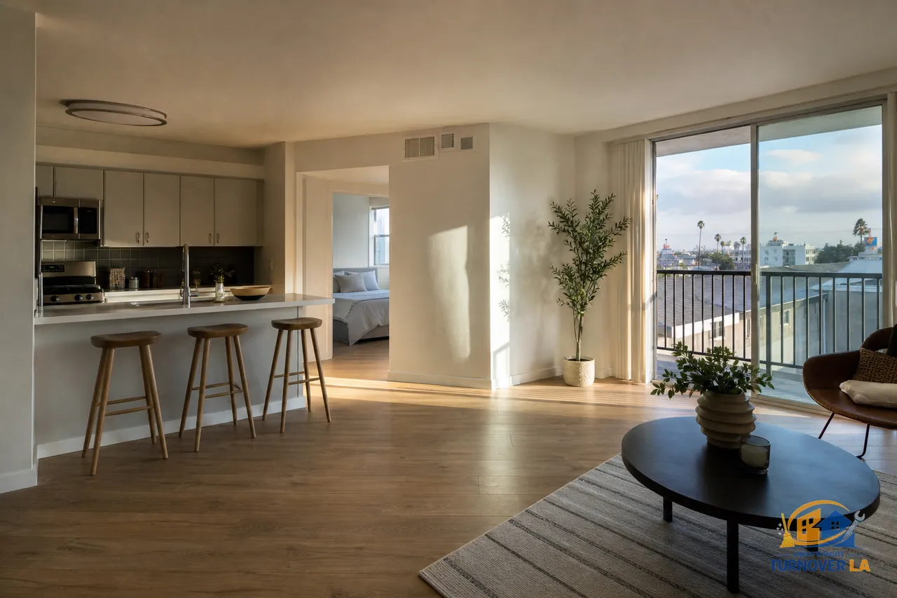 Professional real estate photography of a bright LA apartment living room with balcony and city view, natural light and clean finishes