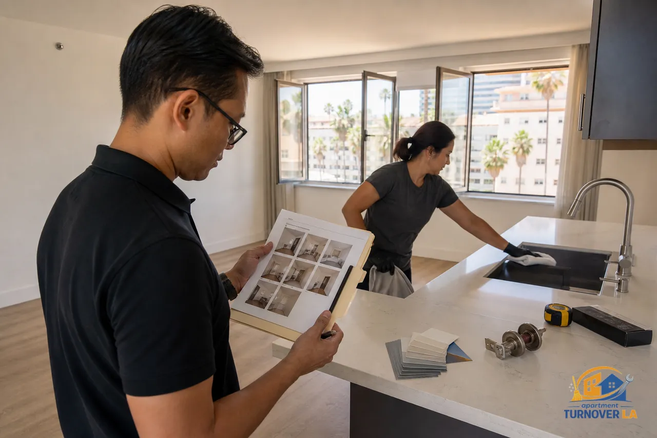 Los Angeles apartment turnover in progress with manager reviewing a photo report, cleaning supplies on counter, and Koreatown streetscape outside