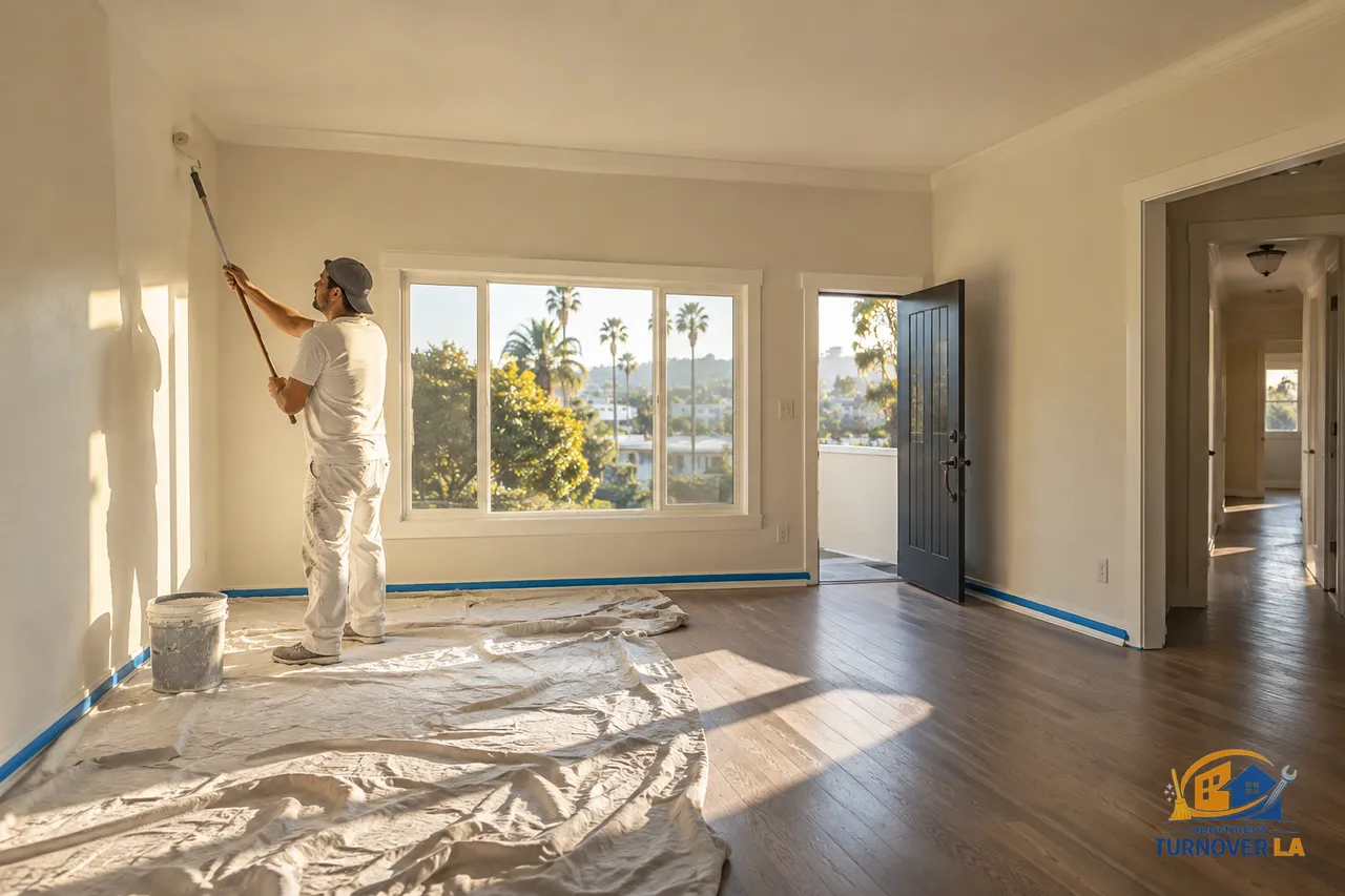 Interior painter rolling fresh paint in a vacant 1,500 sq ft Los Angeles rental home