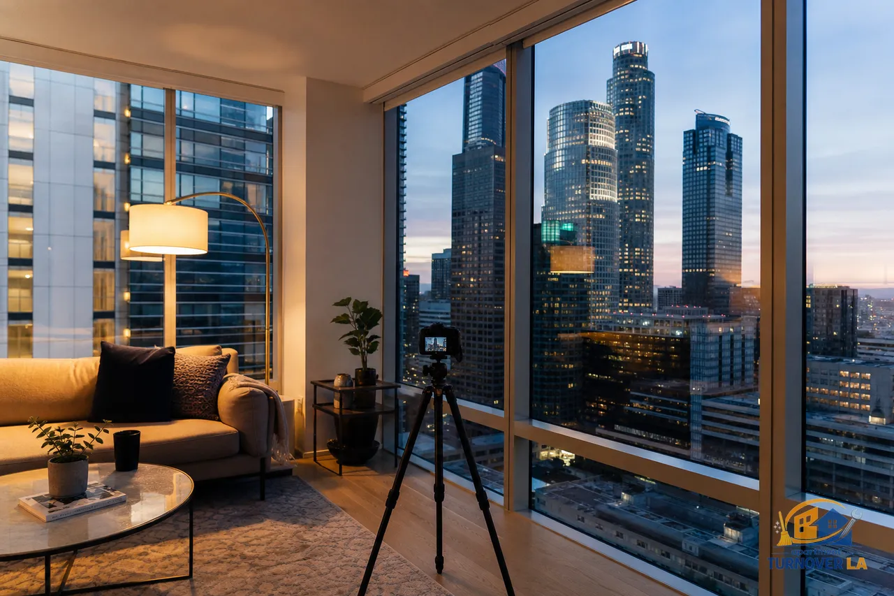Downtown LA apartment living room at golden hour with skyline view and camera on tripod for rental listing photography