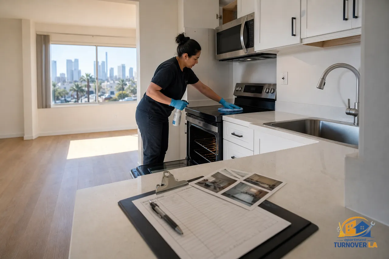 Vacated LA apartment kitchen after a move out deep clean with checklist and photo report on the counter, ready for turnover pricing