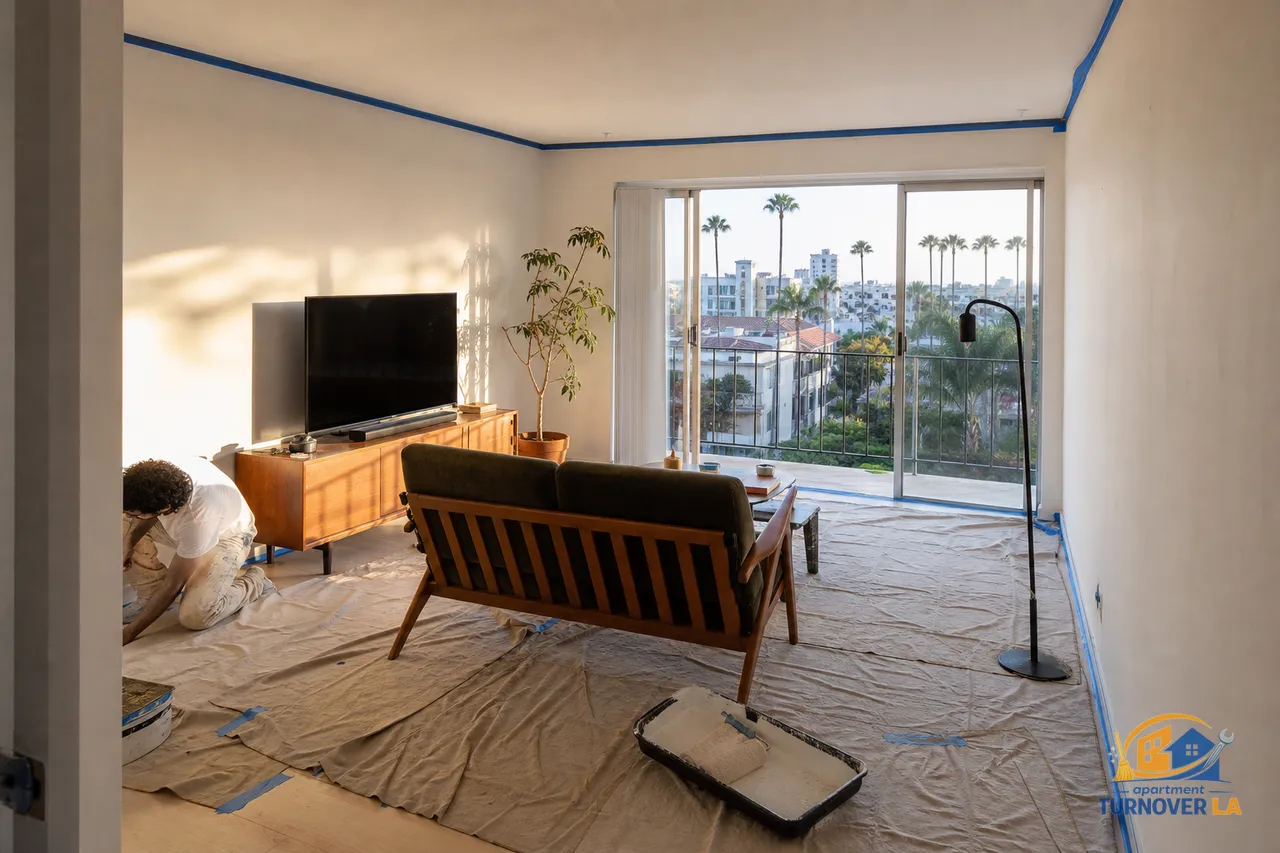 LA apartment living room prepped for interior painting, furniture covered, tape on trim, roller and tray near a balcony with palm trees