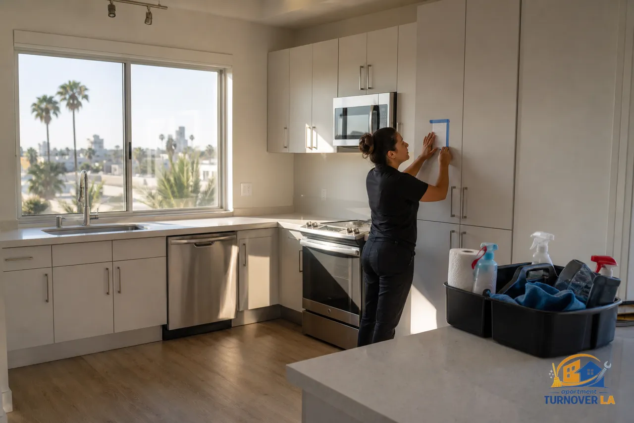 Vacant West Hollywood apartment kitchen during move-out deep clean with supplies and checklist, apartment cleaning Los Angeles context
