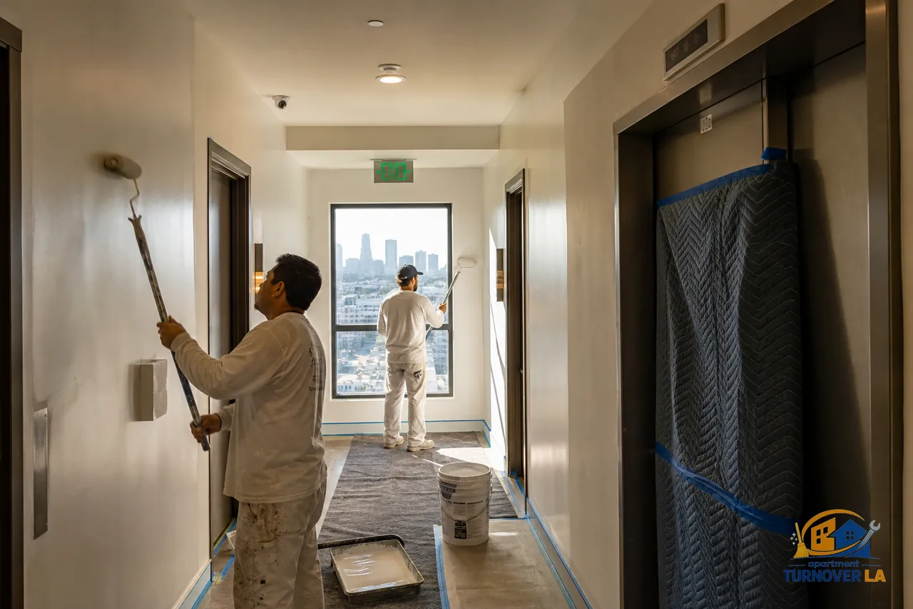 Crew repainting a DTLA apartment corridor with low-VOC paint, masked baseboards, and floor protection during a commercial interior project