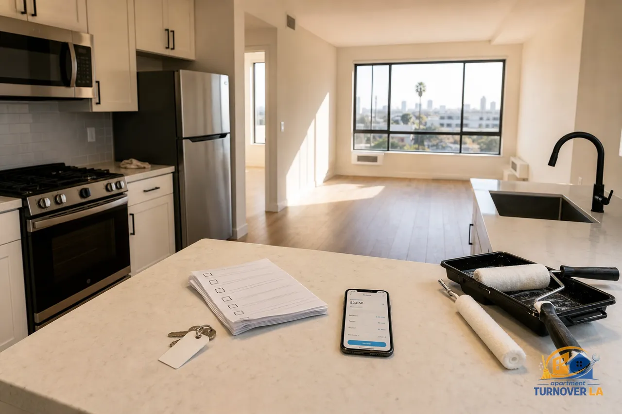 Freshly cleaned LA apartment kitchen with paint rollers, labeled keys, and a visible make ready checklist on the counter