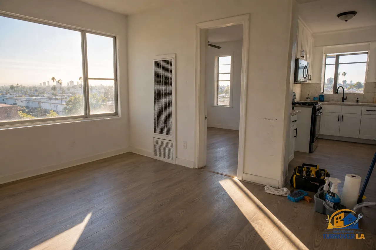 Empty LA apartment during make ready with cleaning caddy and tool bag set out, scuffed wall and baseboards visible before touch up and deep clean